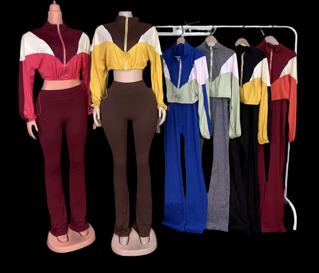 Two Piece Zipper Crop Top Flare Pants Outfit