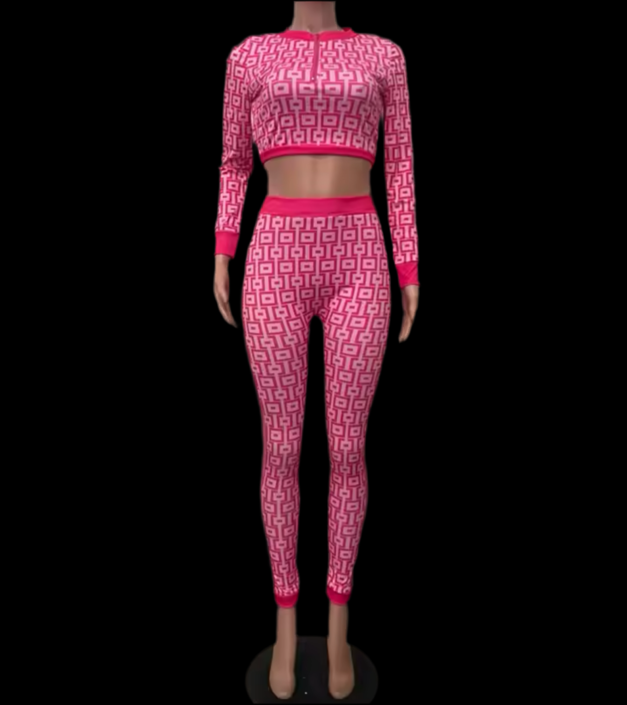 Fashion Geometric Print Zipper Up Crop Top And Matching Legging Suits Set Womens Clothing 2 Piece Set Active Wear - Luxa Rova