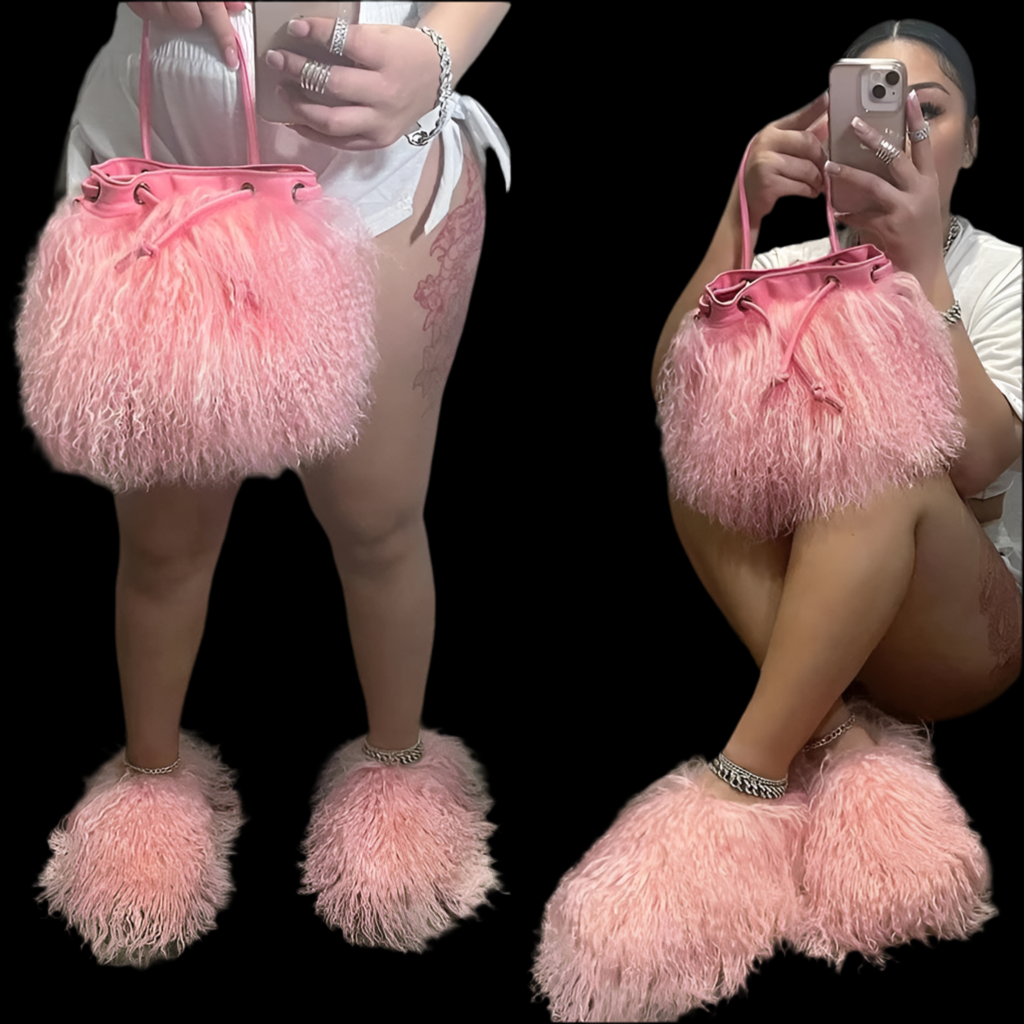 Fuzzy Mongolian Fur Slippers + Bag - Luxa Rova