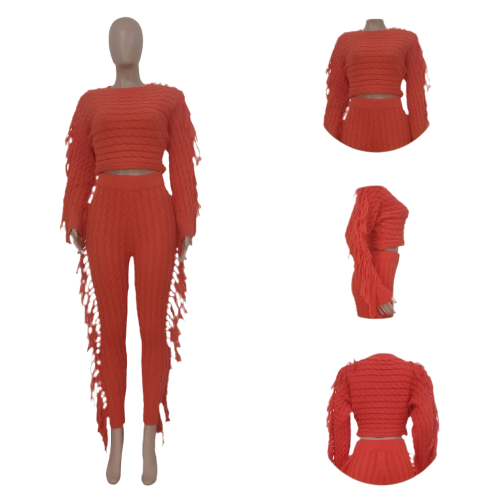 Fashion Fall Winter Casual Solid Color Knitted Sweater Tassel Collar Design Women Crop Top Two Piece Pants Set - Luxa Rova