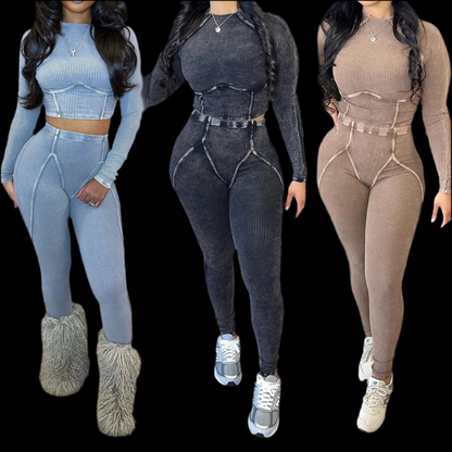 Winter Fall Women 2 Piece Sets Washed Cotton Slim Fit Crop Shirt And Leggings Set - Luxa Rova 