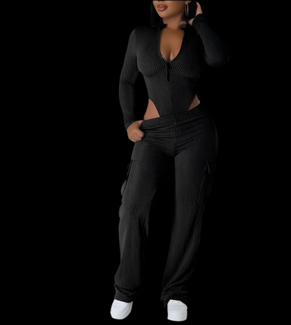 Women Set Long Sleeve Zipper Bodysuit Top + Cargo Long Pants Suits 2 Two Pieces Sets - Luxa Rova 