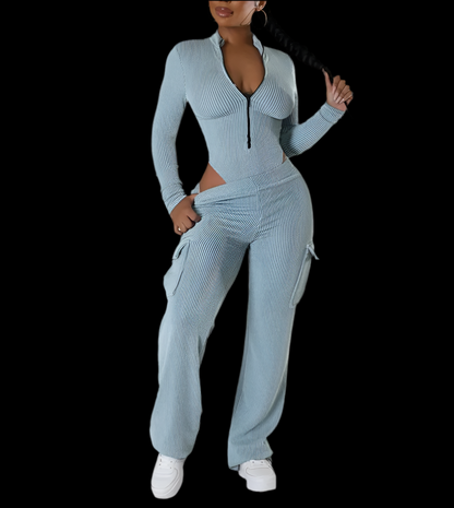 Women Set Long Sleeve Zipper Bodysuit Top + Cargo Long Pants Suits 2 Two Pieces Sets - Luxa Rova 