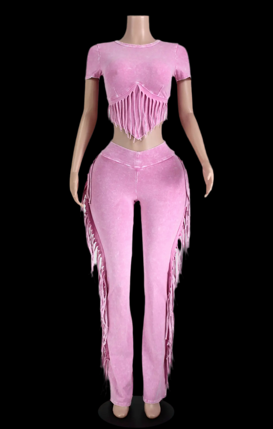 Mineral Wash Fringe Baby Tee & Flare Pant Set - Luxa Rova 