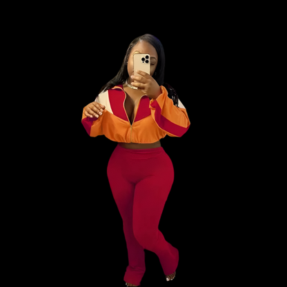 Two Piece Zipper Crop Top Flare Pants Outfit - Luxa Rova 