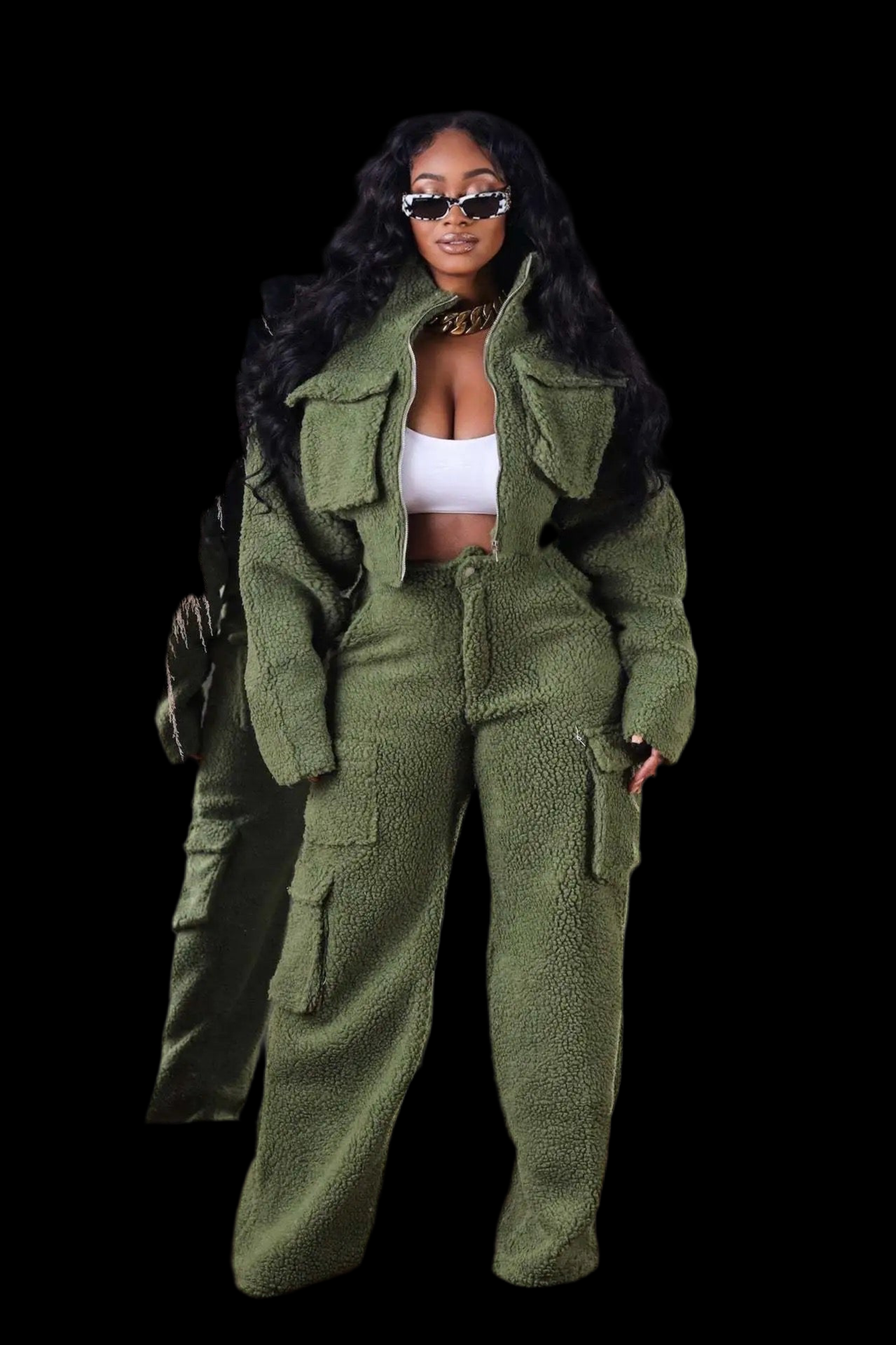 Warm Thick Fleece Set Long Sleeve Full Cargo Pockets Pants Women Two piece Set - Luxa Rova 