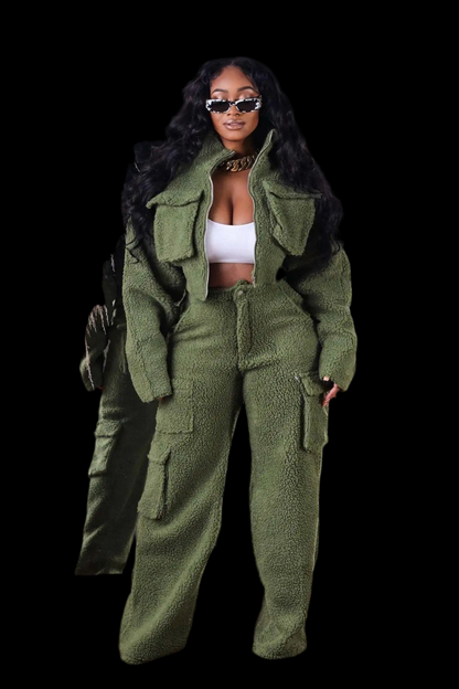 Warm Thick Fleece Set Long Sleeve Full Cargo Pockets Pants Women Two piece Set - Luxa Rova 