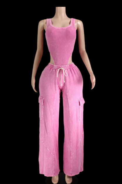 Mineral Wash Sleeveless Bodysuit & Cargo Pant Set - Luxa Rova 