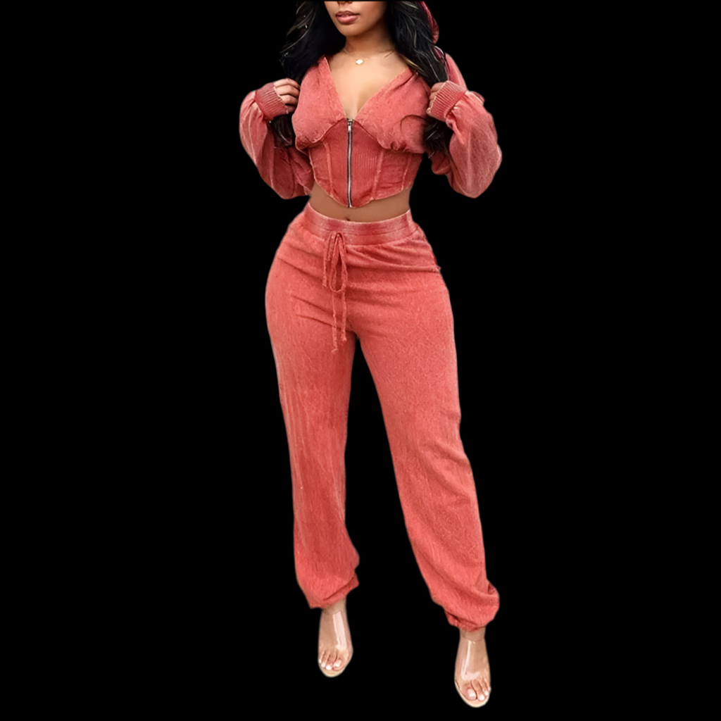 Fall Women’s Sets Acid Washed Zip Up wide High waisted Jogger Pants Corset Crop Top Hoodie 2 Piece Sweatpants Set ORANGE - Luxa Rova 