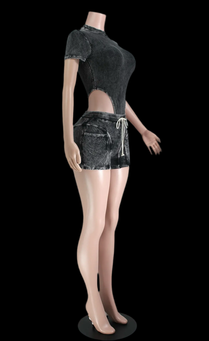 Mineral Wash Sleeveless Bodysuit & Cargo Pant Set - Luxa Rova 