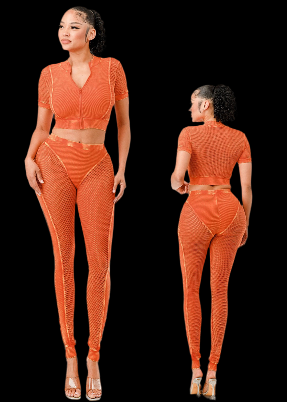 Mineral Wash Fishnet Zip-Up 2 Pc Set for Women - Perfect for Summer - Overalls, Womenswear - Luxa Rova 