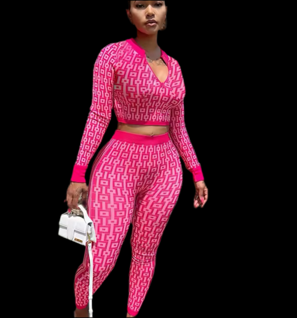 Fashion Geometric Print Zipper Up Crop Top And Matching Legging Suits Set Womens Clothing 2 Piece Set Active Wear - Luxa Rova 