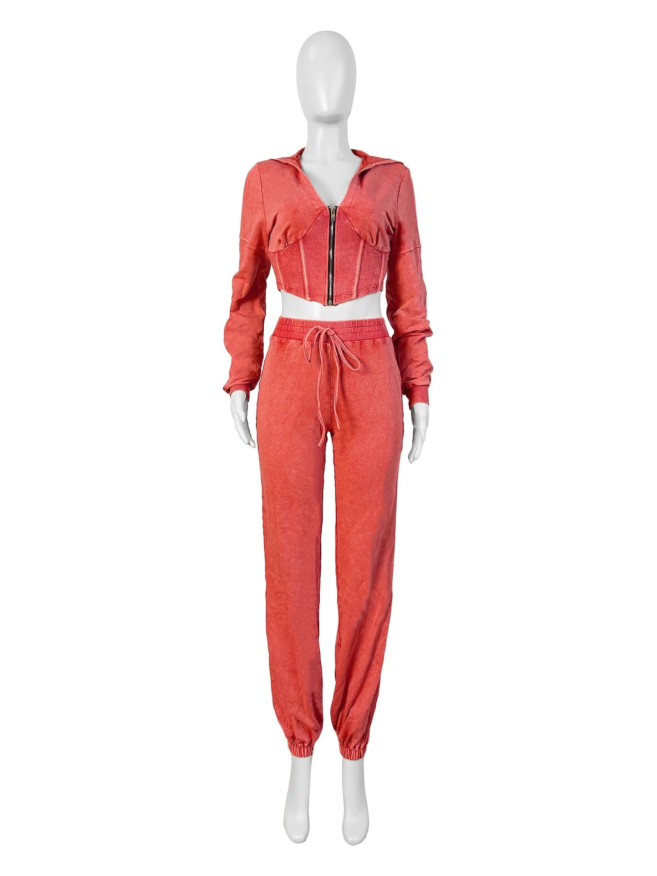Fall Women’s Sets Acid Washed Zip Up wide High waisted Jogger Pants Corset Crop Top Hoodie 2 Piece Sweatpants Set ORANGE - Luxa Rova 