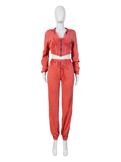Fall Women’s Sets Acid Washed Zip Up wide High waisted Jogger Pants Corset Crop Top Hoodie 2 Piece Sweatpants Set ORANGE - Luxa Rova 