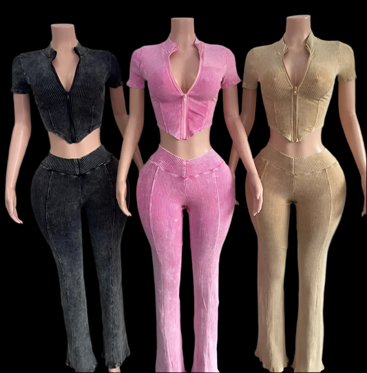 New Acid Washed Ribbed Crop Jacket and Pants Set for Women - Cotton and Slim Fit for Spring/Fall Womenswear - Luxa Rova 