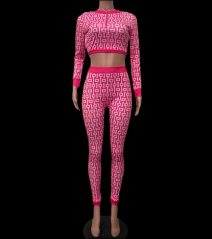 Fashion Geometric Print Zipper Up Crop Top And Matching Legging Suits Set Womens Clothing 2 Piece Set Active Wear - Luxa Rova 
