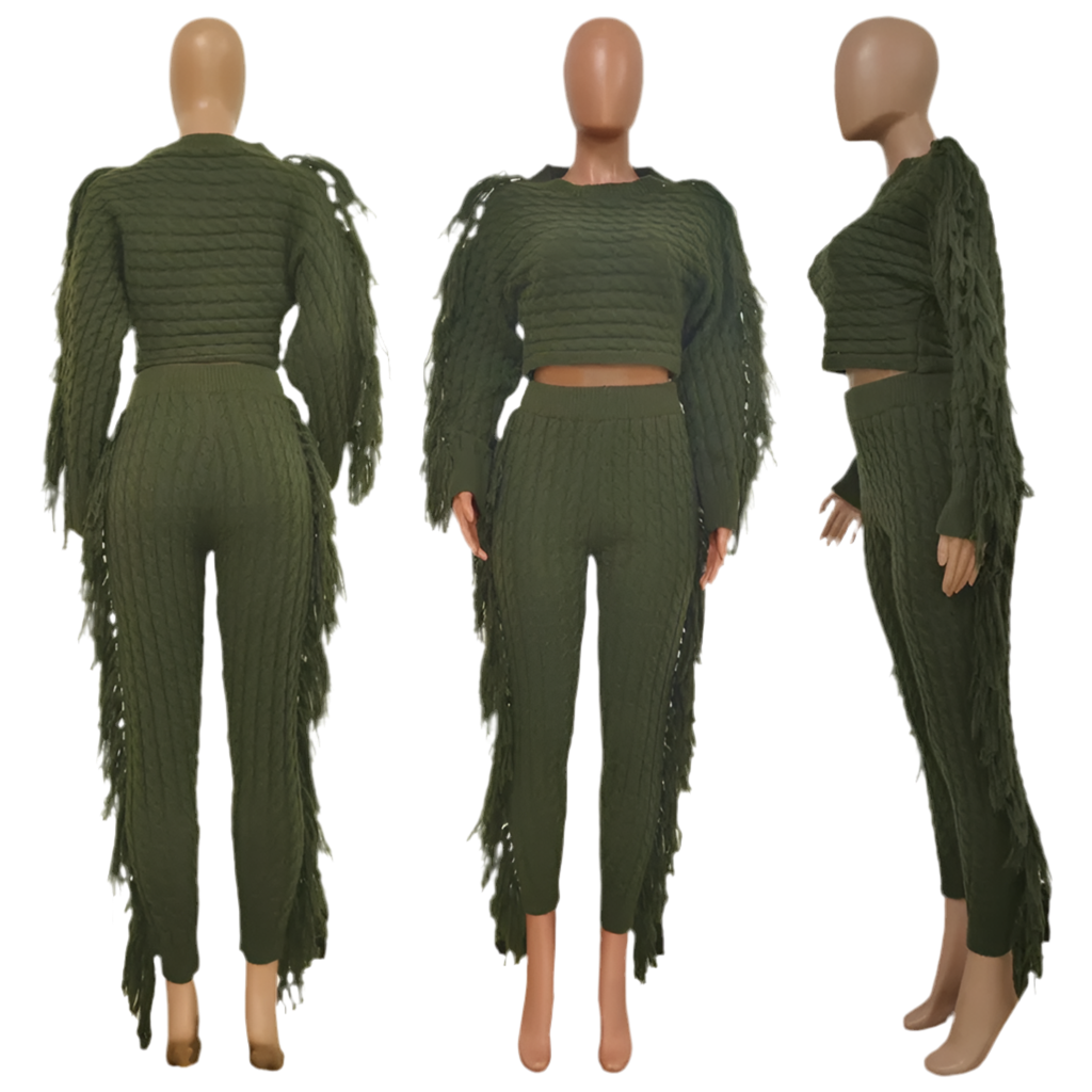 Fashion Fall Winter Casual Solid Color Knitted Sweater Tassel Collar Design Women Crop Top Two Piece Pants Set - Luxa Rova 