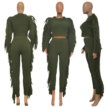 Fashion Fall Winter Casual Solid Color Knitted Sweater Tassel Collar Design Women Crop Top Two Piece Pants Set - Luxa Rova 