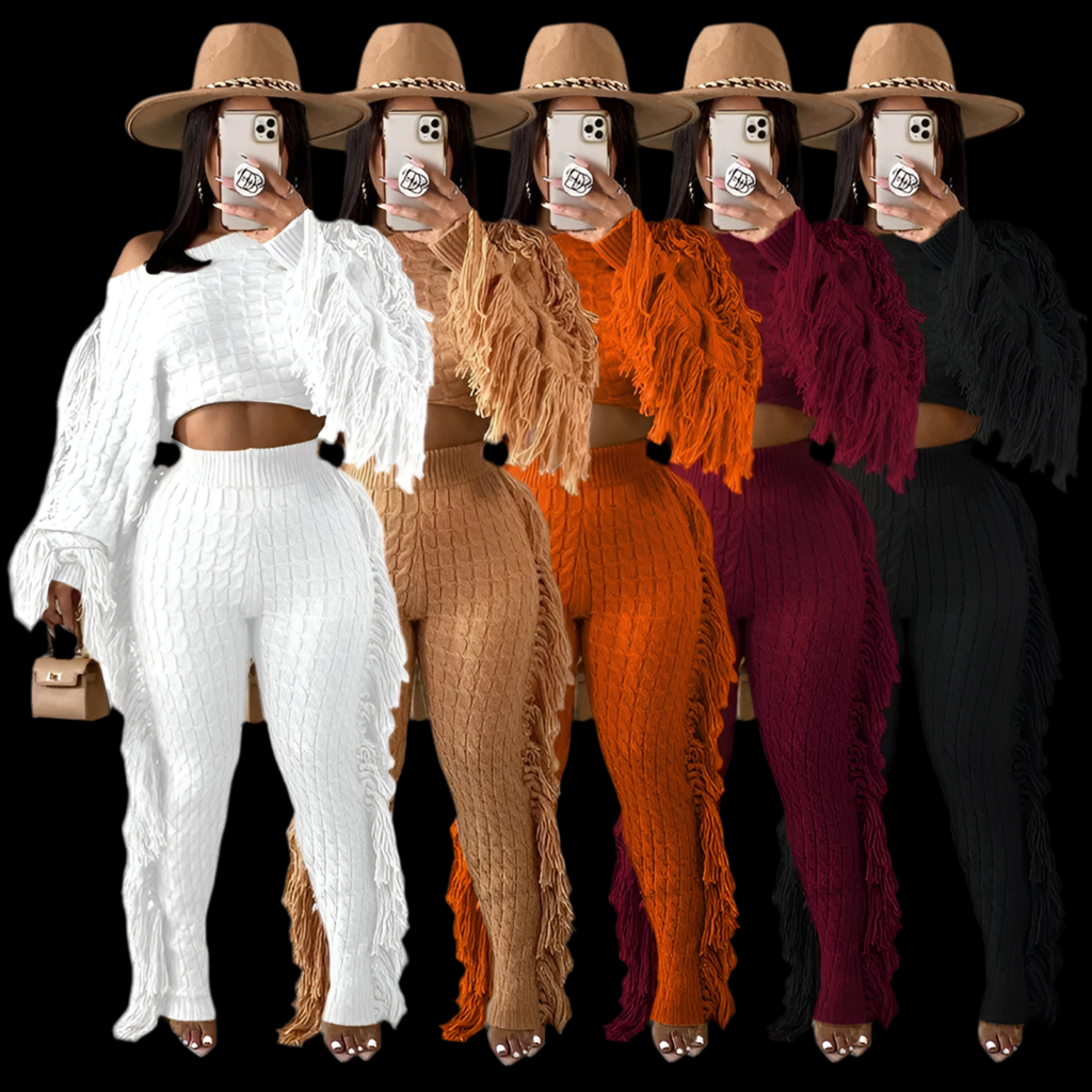 Fashion Fall Winter Casual Solid Color Knitted Sweater Tassel Collar Design Women Crop Top Two Piece Pants Set - Luxa Rova 