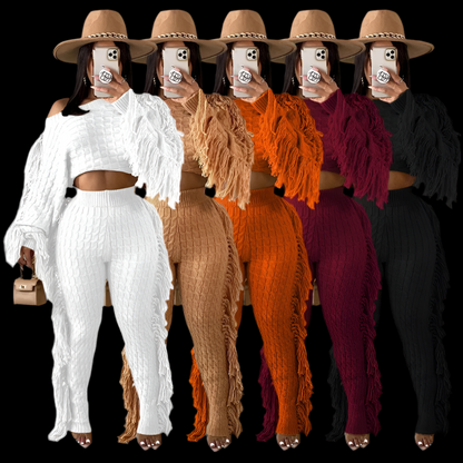 Fashion Fall Winter Casual Solid Color Knitted Sweater Tassel Collar Design Women Crop Top Two Piece Pants Set - Luxa Rova 