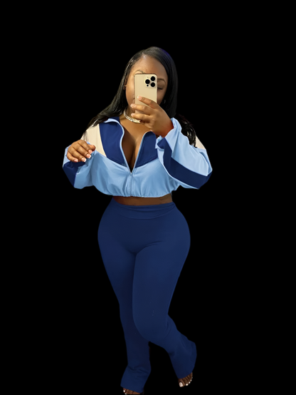 Two Piece Zipper Crop Top Flare Pants Outfit - Luxa Rova 