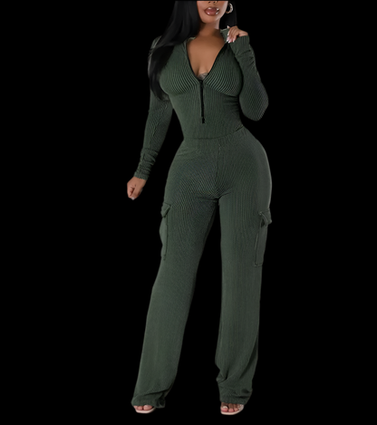 Women Set Long Sleeve Zipper Bodysuit Top + Cargo Long Pants Suits 2 Two Pieces Sets - Luxa Rova 