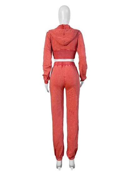 Fall Women’s Sets Acid Washed Zip Up wide High waisted Jogger Pants Corset Crop Top Hoodie 2 Piece Sweatpants Set ORANGE - Luxa Rova 