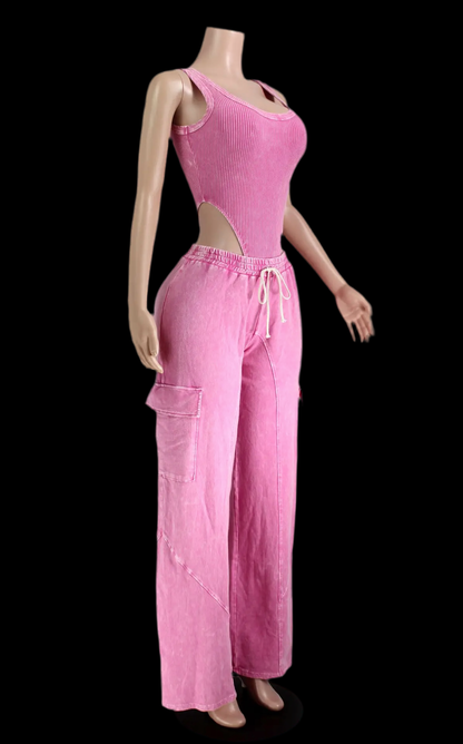 Mineral Wash Sleeveless Bodysuit & Cargo Pant Set - Luxa Rova 