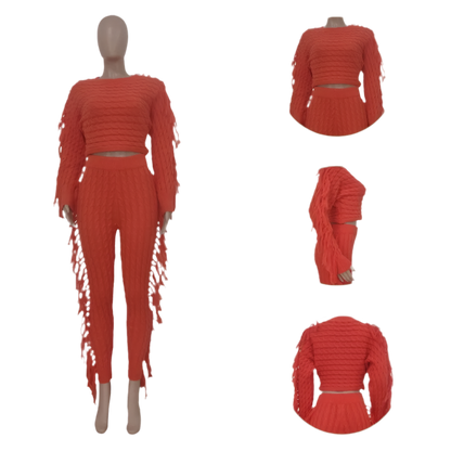 Fashion Fall Winter Casual Solid Color Knitted Sweater Tassel Collar Design Women Crop Top Two Piece Pants Set - Luxa Rova 