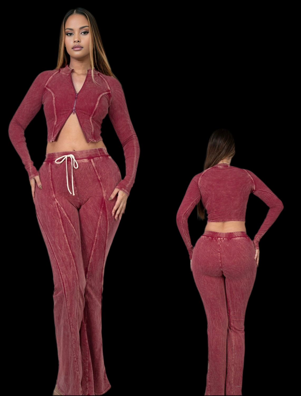 Mineral Wash Double Zipper Jacket & Flair Lounge Set - Luxa Rova 