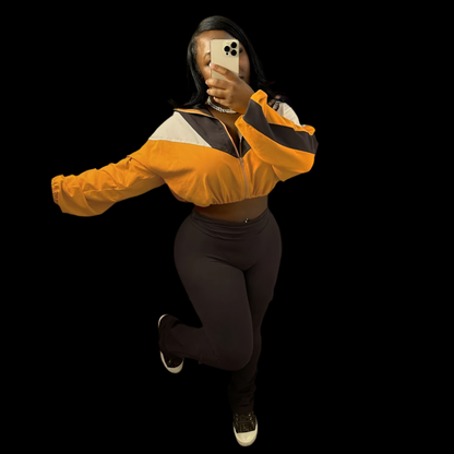 Two Piece Zipper Crop Top Flare Pants Outfit - Luxa Rova 