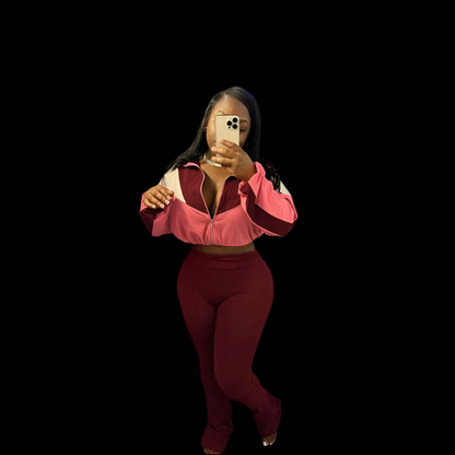 Two Piece Zipper Crop Top Flare Pants Outfit - Luxa Rova 
