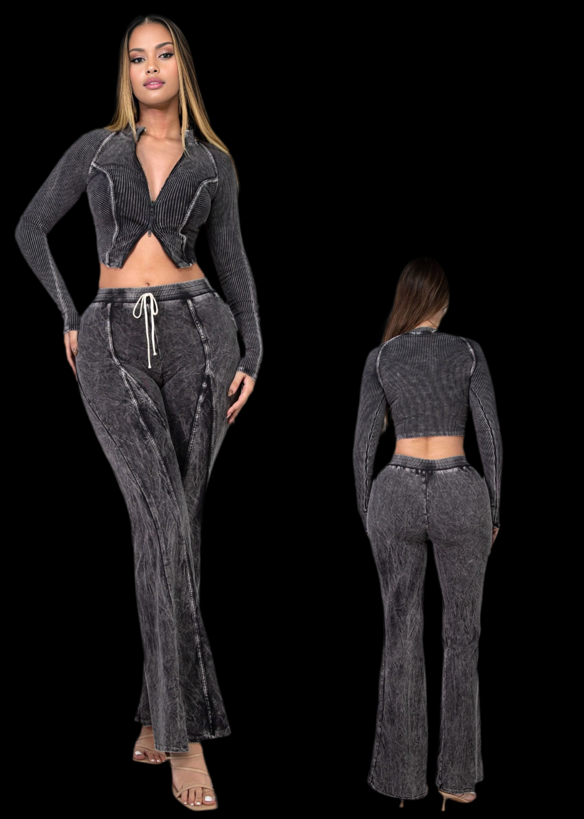 Mineral Wash Double Zipper Jacket & Flair Lounge Set - Luxa Rova 