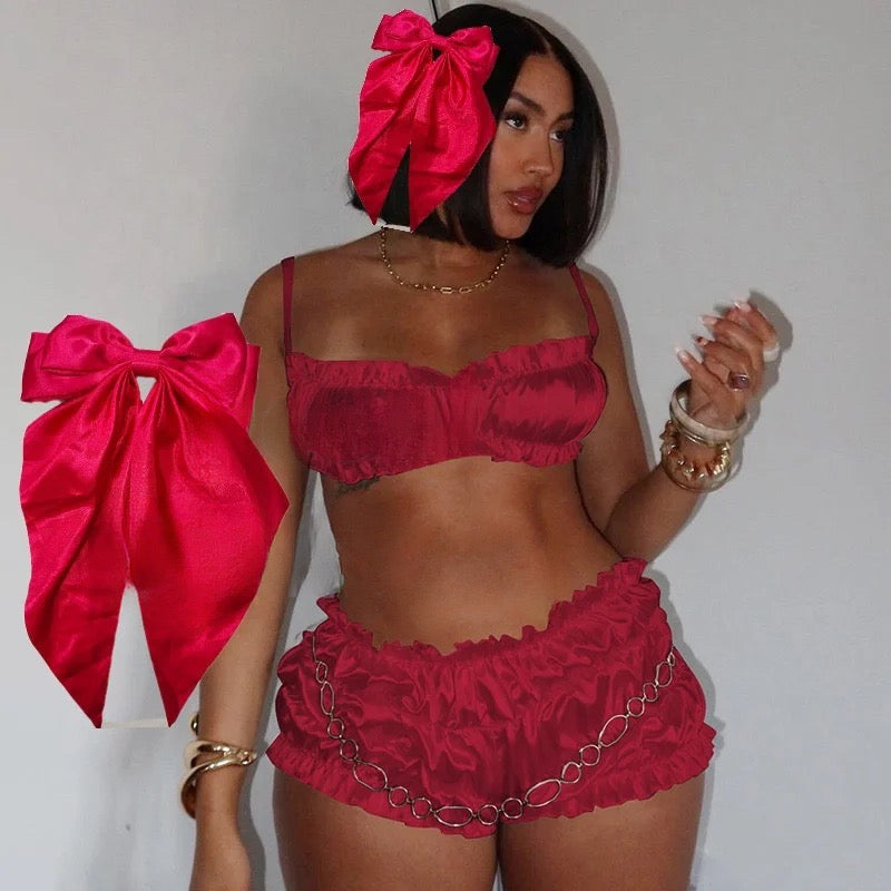New Women’s Two Piece Silk Set + Hair Bow - Luxa Rova 