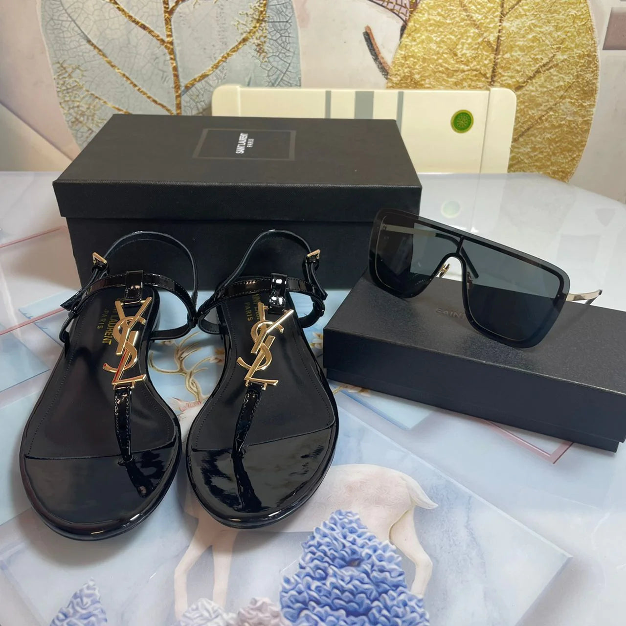 YSL BLACK SANDAL AND SUNGLASSES SET