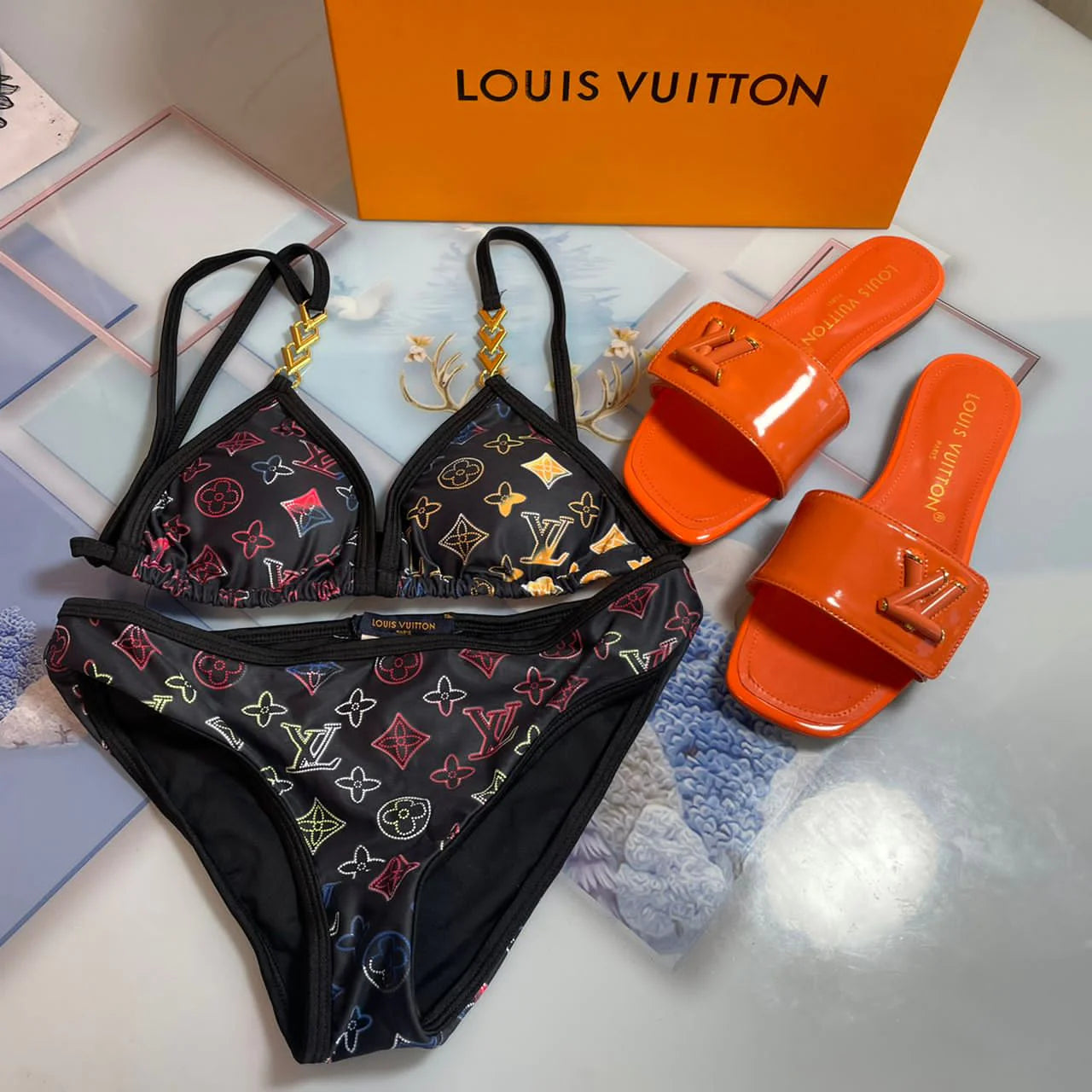 LV SWIMSUIT AND SLIDE SET