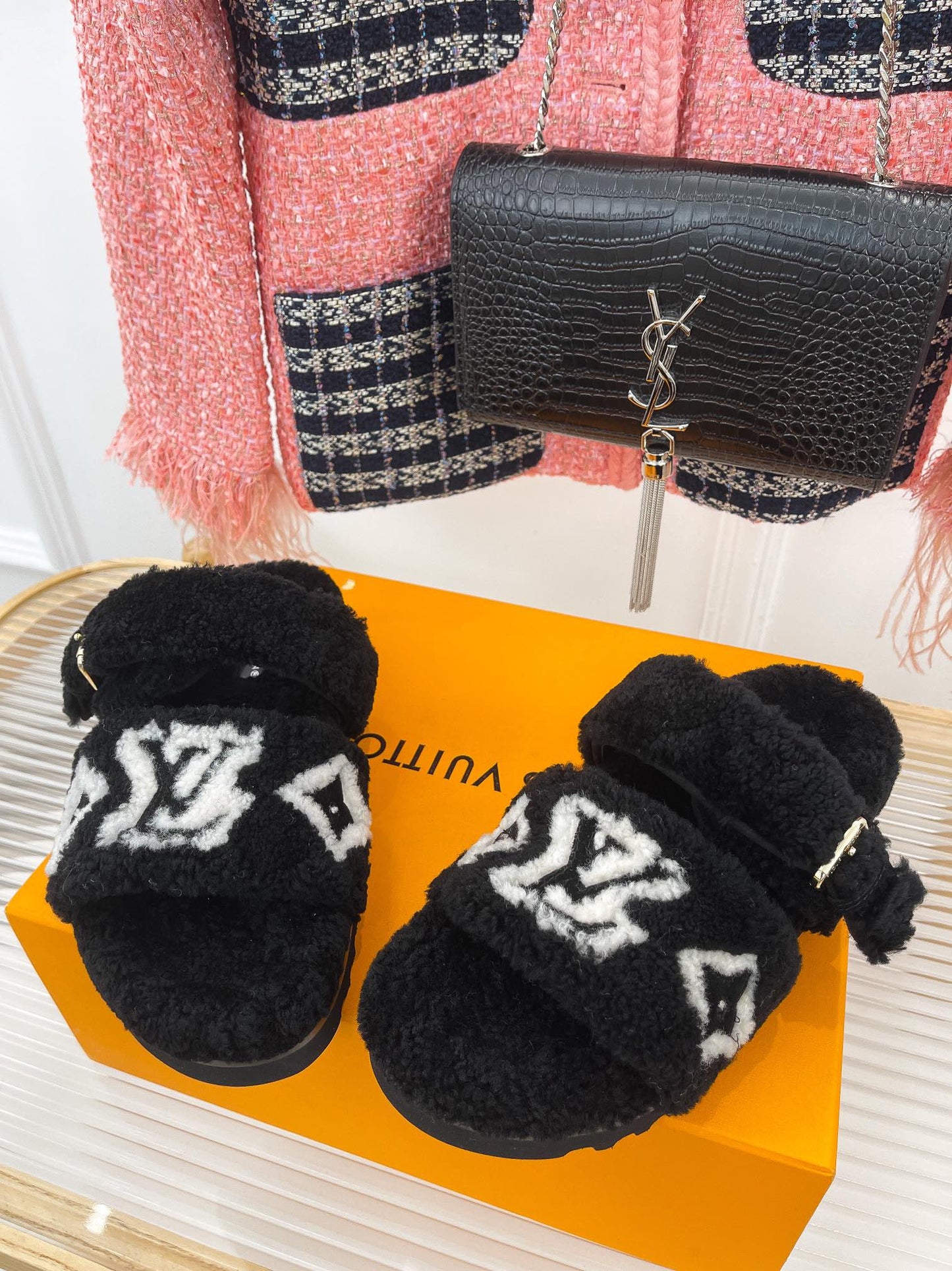 LV Double Strap Fur Sandals