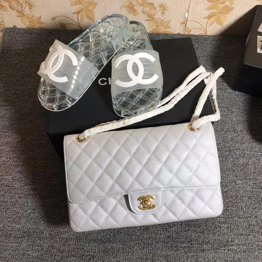 CHANEL WHITE SLIDE AND PURSE SET