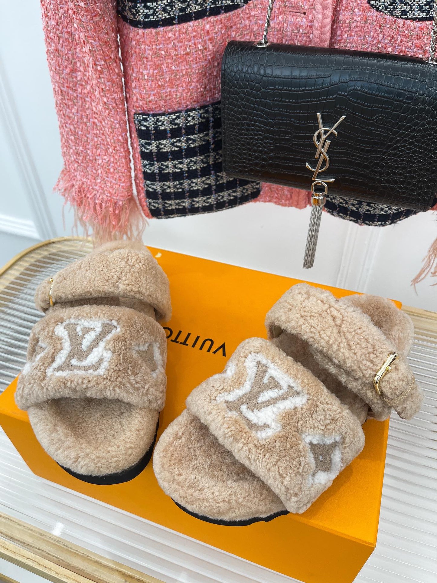 LV Double Strap Fur Sandals