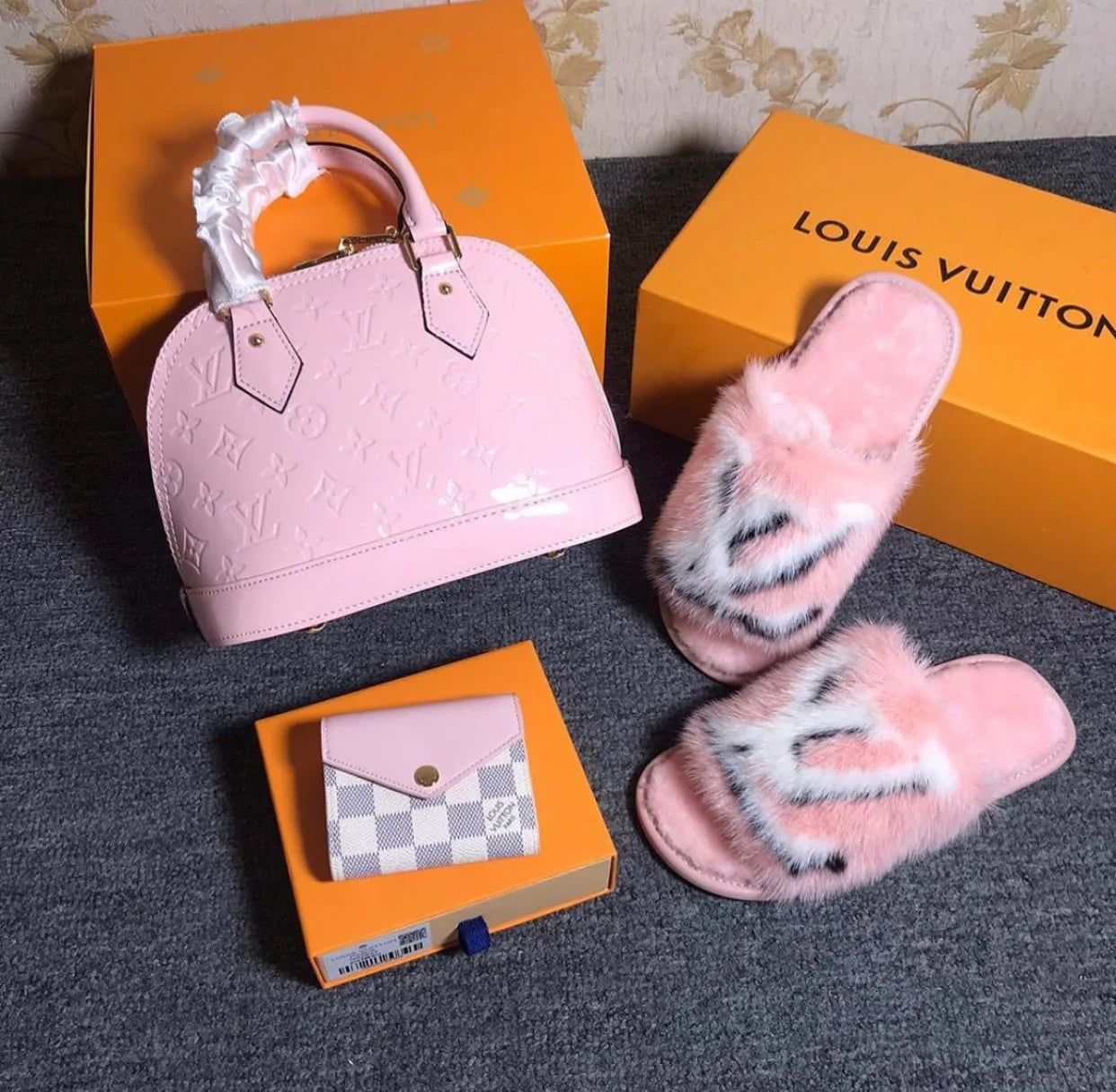 LV PINK PURSE, SLIPPER, & WALLET SET