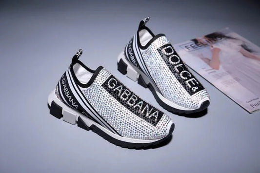 D&G WHITE SPARKLE LOGO-STRIPE SOCK SNEAKER